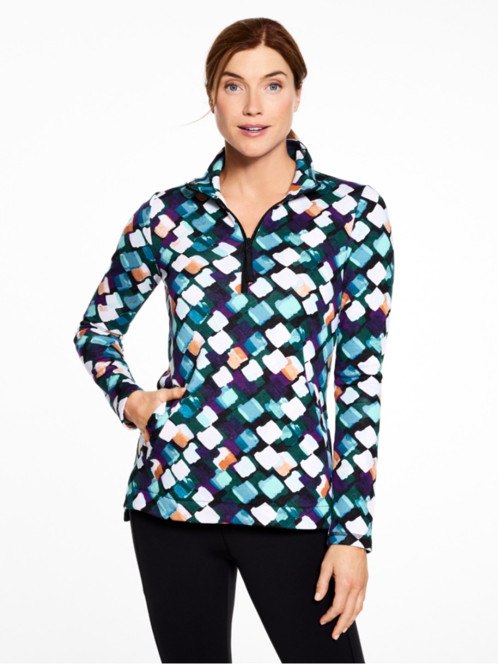 T by Talbots Multi Geometric Dazzling Diamond Quarter‑Zip Pullover Performance